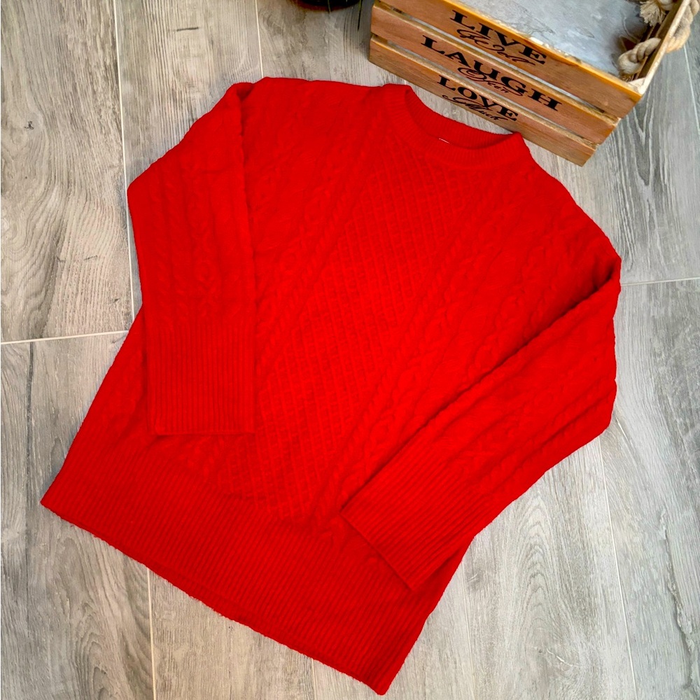 A New Day Red Cable Knit Crewneck Sweater Cozy Chunky Pullover Small